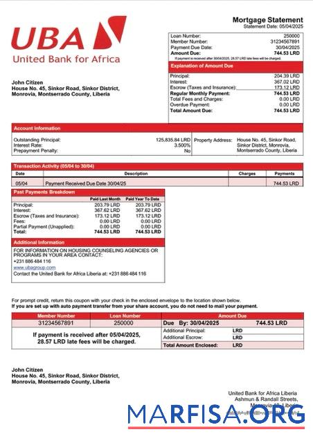 Downloadable Liberia United Bank for Africa Liberia mortgage statement Word and PDF template